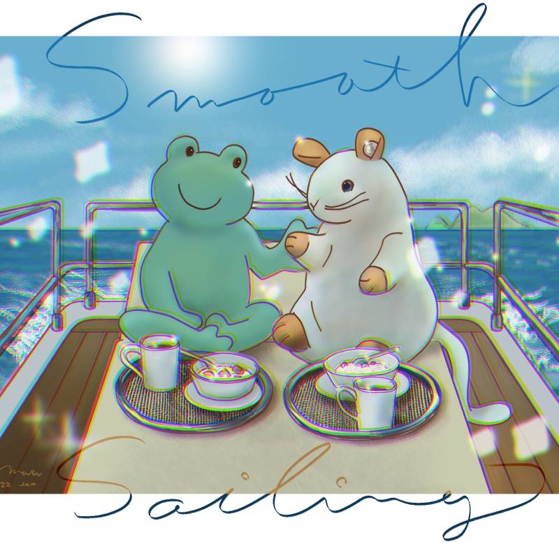 A frog and and a mouse is having a breakfast in the deck of yacht